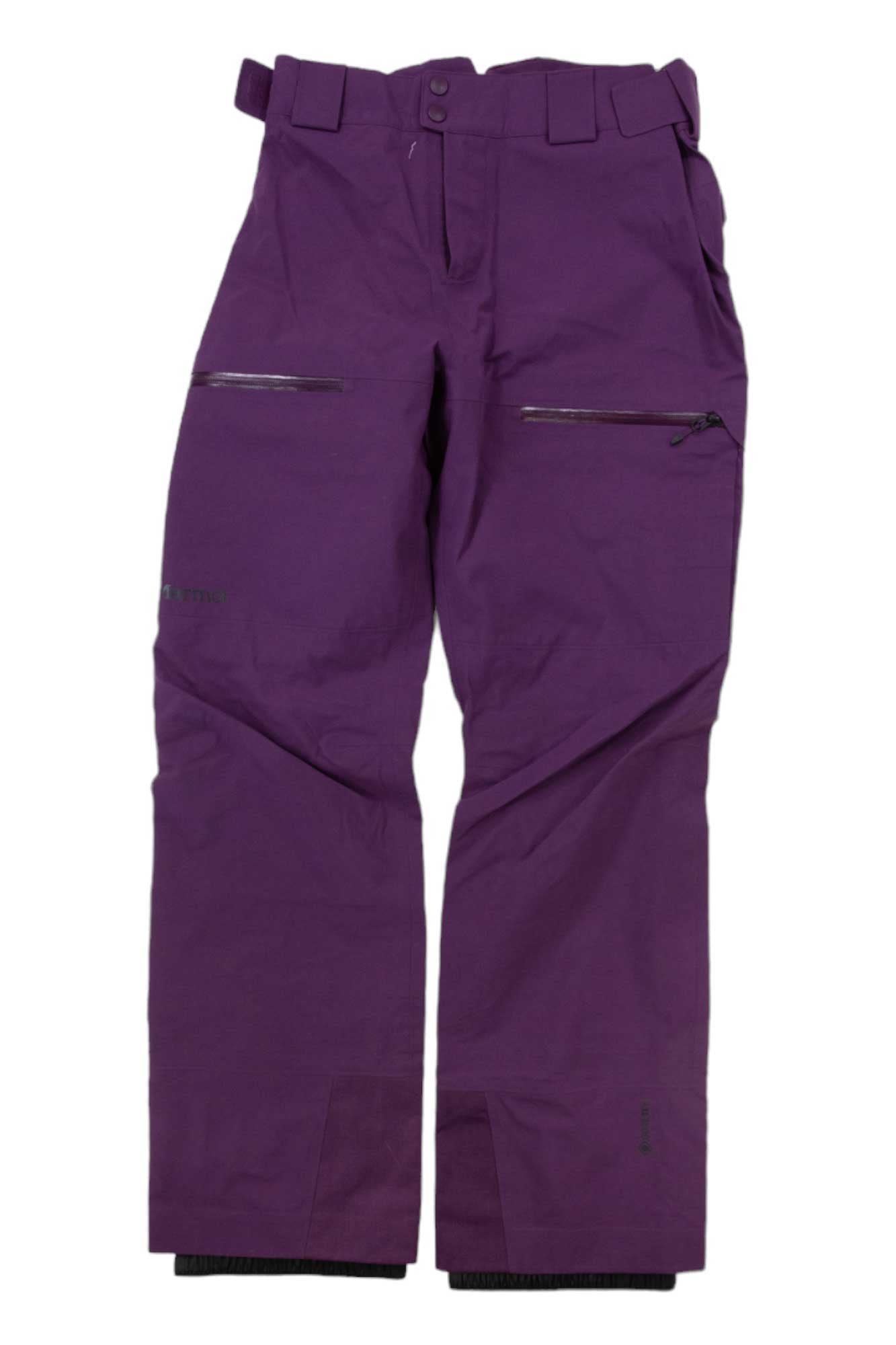 The Womens Orion GORE-TEX Pant in purple, made from recycled Gore-Tex, features belt loops, zippered side pockets, reinforced cuffs, and a button-zipper closure. Waterproof and breathable for outdoor comfort; shown laid flat on a white background.