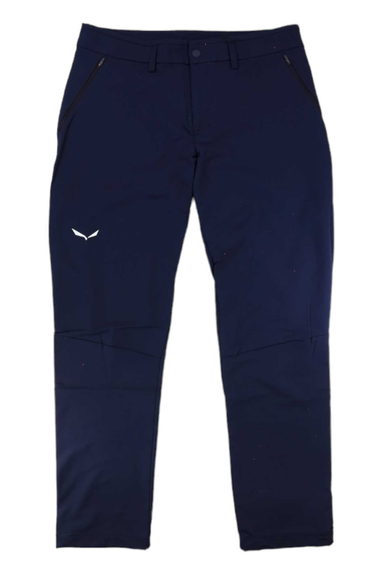 The Salewa Men's Puez Dolomitic 2 DST Regular Pant are navy blue, wind-resistant mountaineering pants with front zipper pockets, button and zip closure, small white logo on the upper left thigh, articulated knees, and a slim tapered fit.