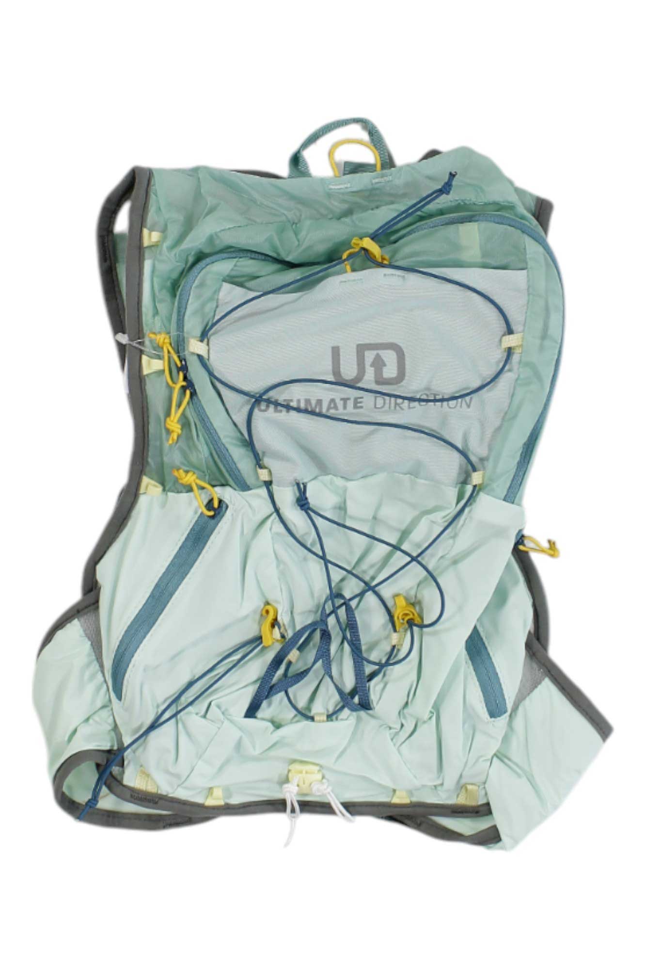 Ultimate Direction Mountain Vesta 6 teal running vest with front mesh panel and multiple straps