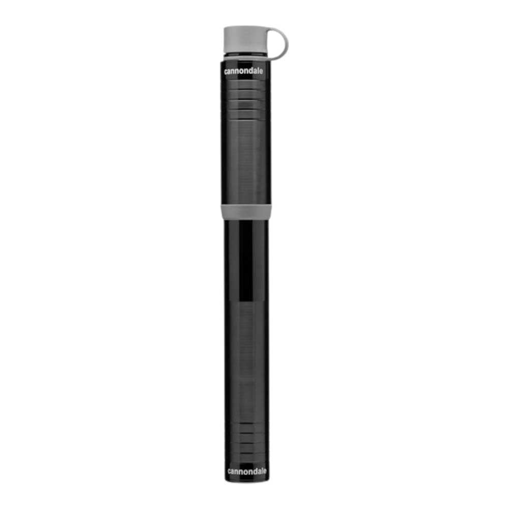 The Cannondale Dirt Mini Pump in black and gray stands upright against a white background, offering cyclists quick tire inflation in a compact design—perfect for use on the go.