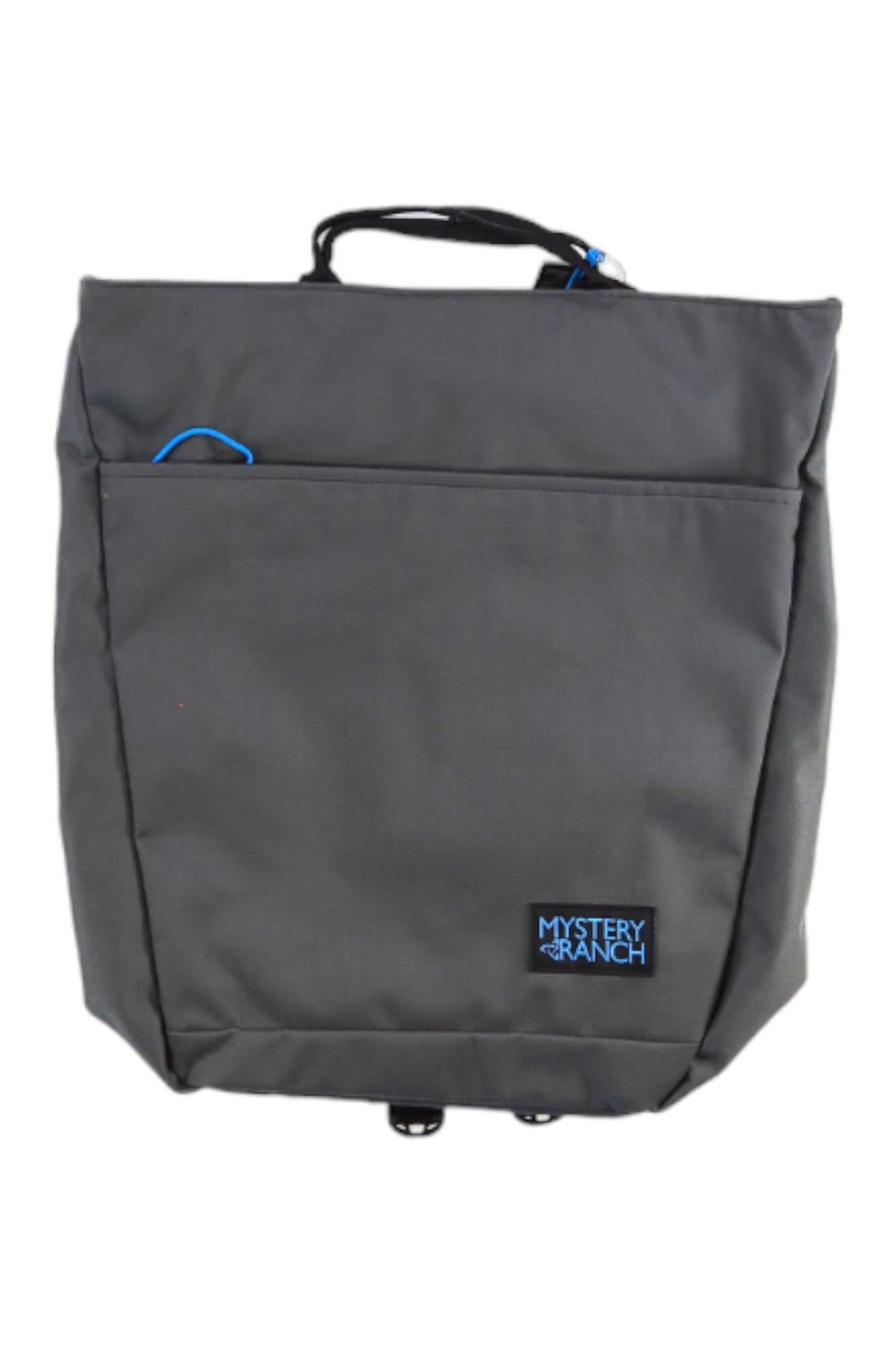 Super Market Bag in charcoal gray with blue carry loop and front logo patch.