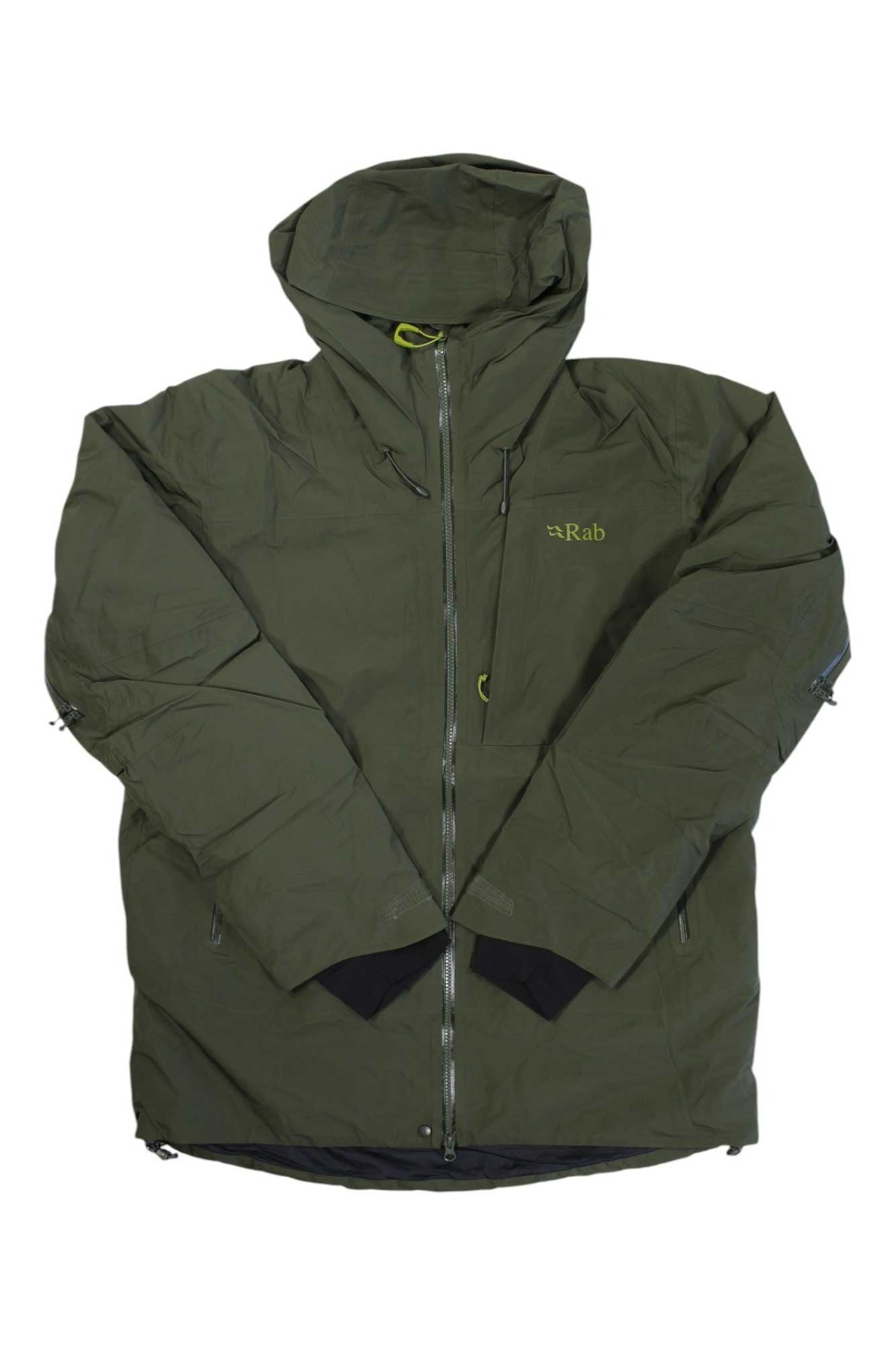 Men's hooded full-zip jacket, dark olive green with drawstring hood and Rab logo.