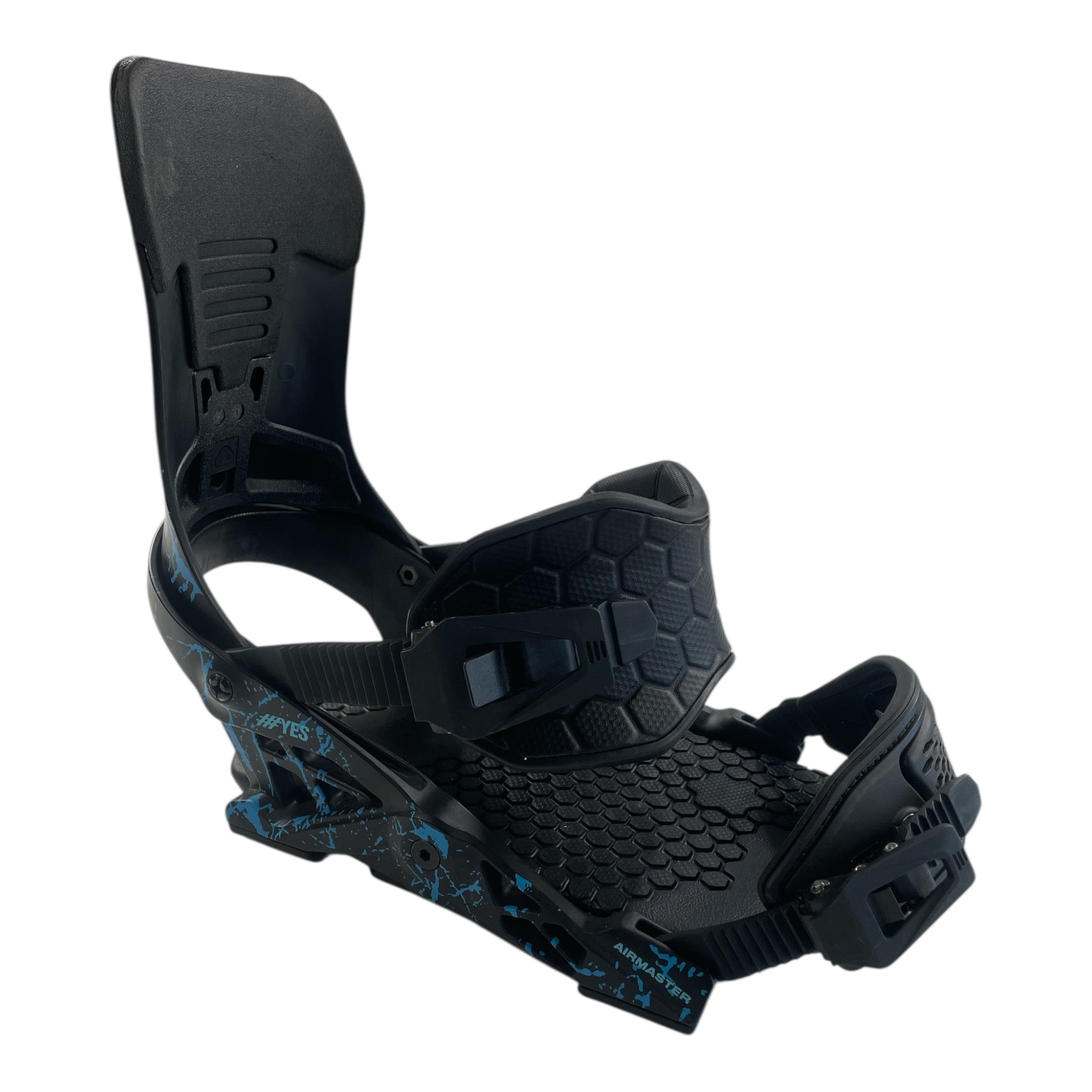 The YES Airmaster Snowboard Bindings are shown in black with blue graphic accents, featuring a high back, adjustable ankle and toe straps, and textured padding for grip and comfort against a white background.