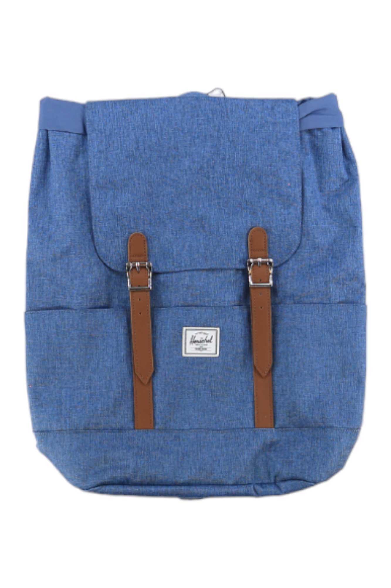 The Herschel Supply Company Retreat Small Backpack is blue, made from EcoSystem recycled fabric, with a flap closure, two brown leather buckle straps, side pockets, and a white front label—ideal for carrying a small laptop.