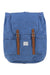 The Herschel Supply Company Retreat Small Backpack is blue, made from EcoSystem recycled fabric, with a flap closure, two brown leather buckle straps, side pockets, and a white front label—ideal for carrying a small laptop.