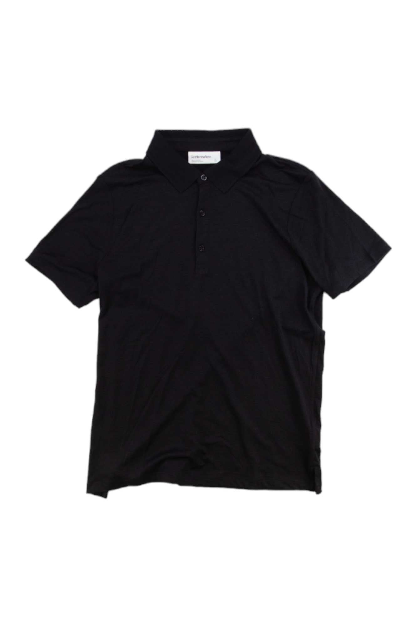 The Icebreaker Men's Tech Lite II SS Polo is a plain black merino wool shirt with a collar and three buttons, shown laid flat on a white background. This breathable polo combines comfort and style for everyday wear.