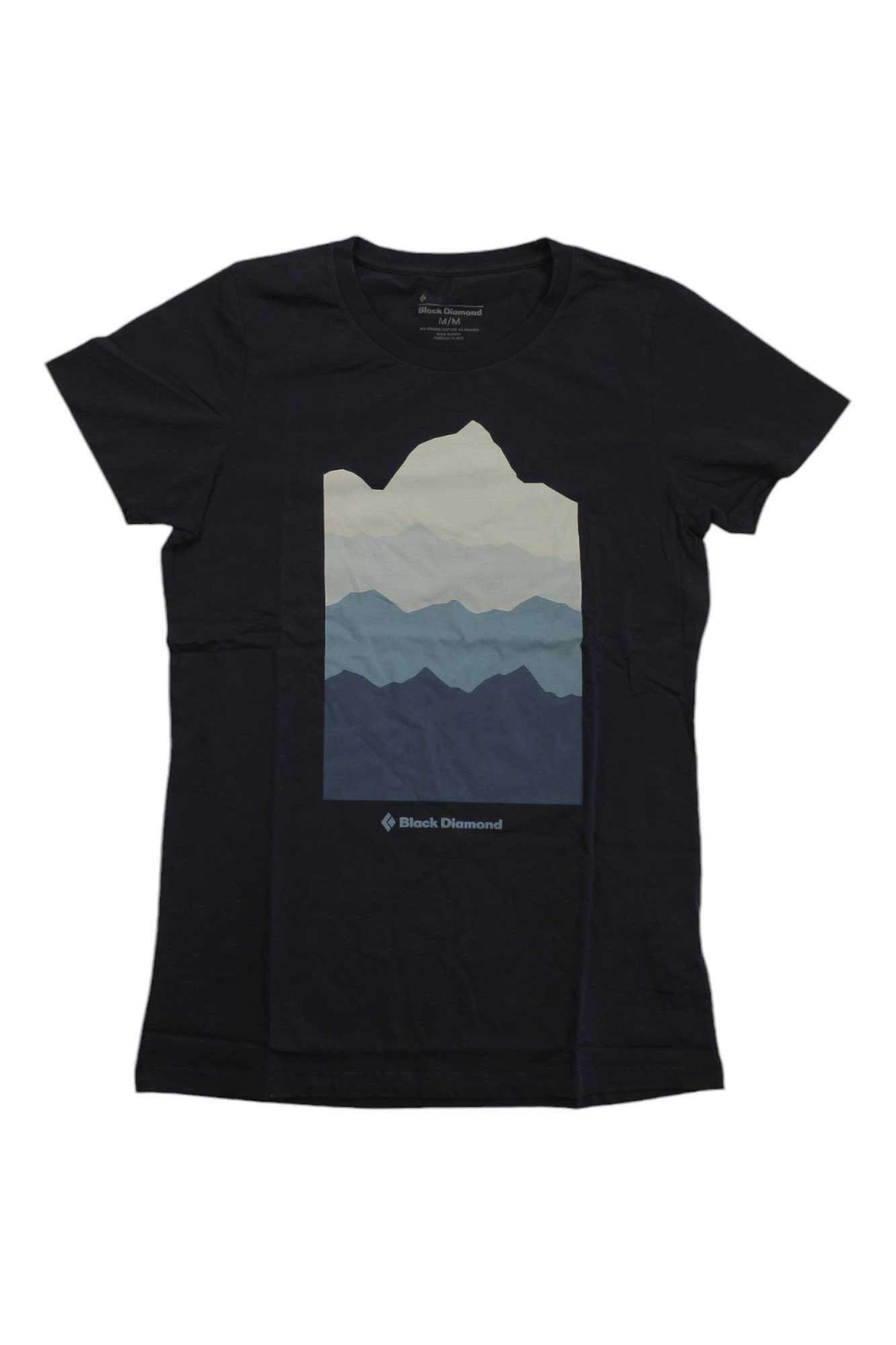 The Black Diamond Womens Vista Tee is made from soft organic cotton and features a blue and gray layered mountain silhouette graphic with the Black Diamond logo beneath the design.