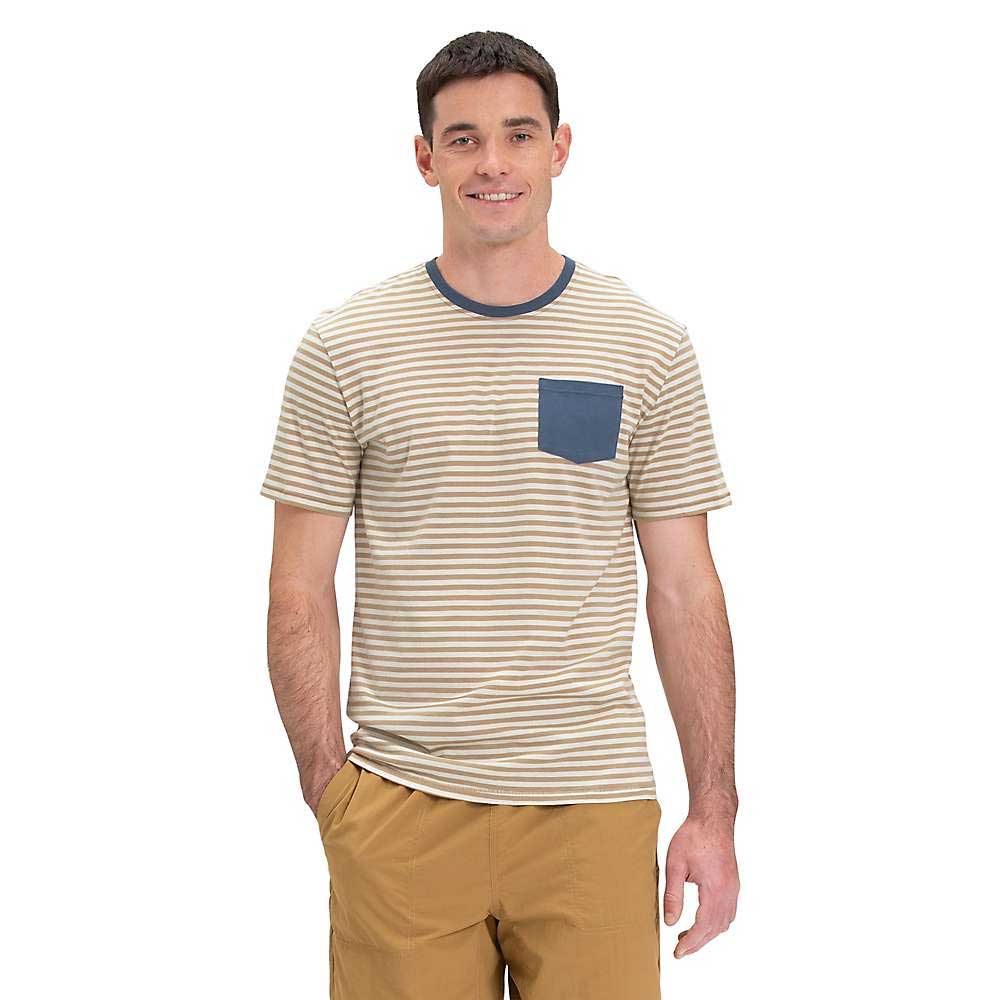 Men's striped crew-neck T-shirt with left chest pocket, tan/white stripes