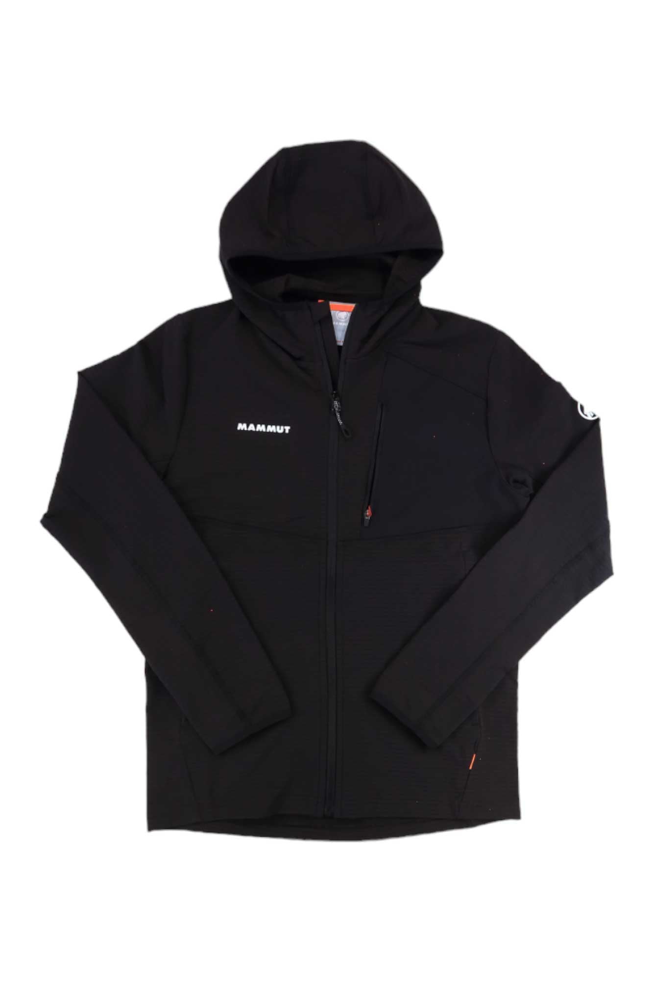 The Mammut Men's Madris Light ML Hooded Jacket, made from recycled polyester, features a front zipper, zippered chest pocket, and MAMMUT logo on the left chest. Shown laid flat on a white background.