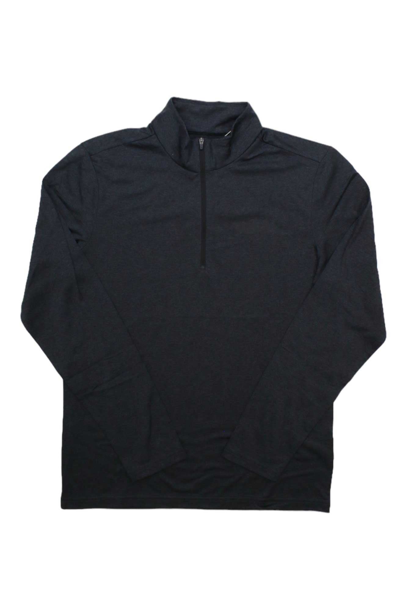 The Jack Wolfskin Men's Sky Thermal Half Zip Top is a black, long-sleeve pullover with a stand-up collar, made from fast-drying polyester. Laid flat on a white background, this breathable top is ideal for active wear.
