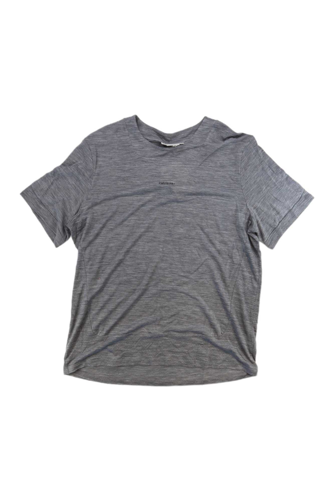The Icebreaker Mens Zoneknit SS Tee is a light gray, short-sleeved t-shirt made from breathable fabric, shown flat on a white background with a subtle texture and small printed logo at the center chest.