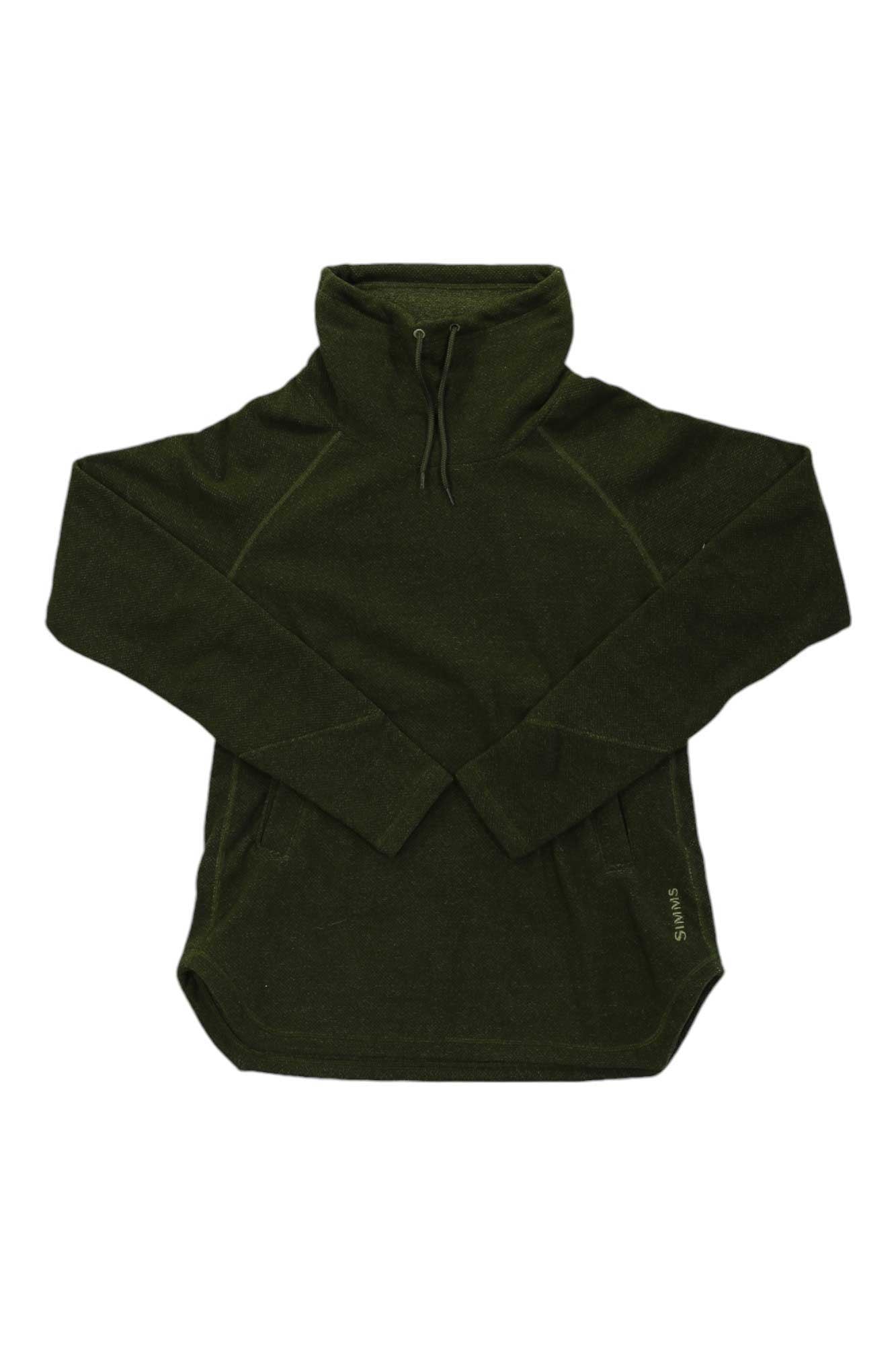 The Simms Womens Rivershed Sweater is a dark green pullover fleece with long sleeves, high collar, and drawstring. It features moisture-wicking fabric, a relaxed fit, and the Simms logo near the bottom hem. Shown on a plain white background.