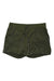 The Women's Aphrodite Motion Short is an olive green athletic short for women, featuring a lightweight, water-repellent fabric with an elastic waistband and drawstring, shown laid flat against a white background.