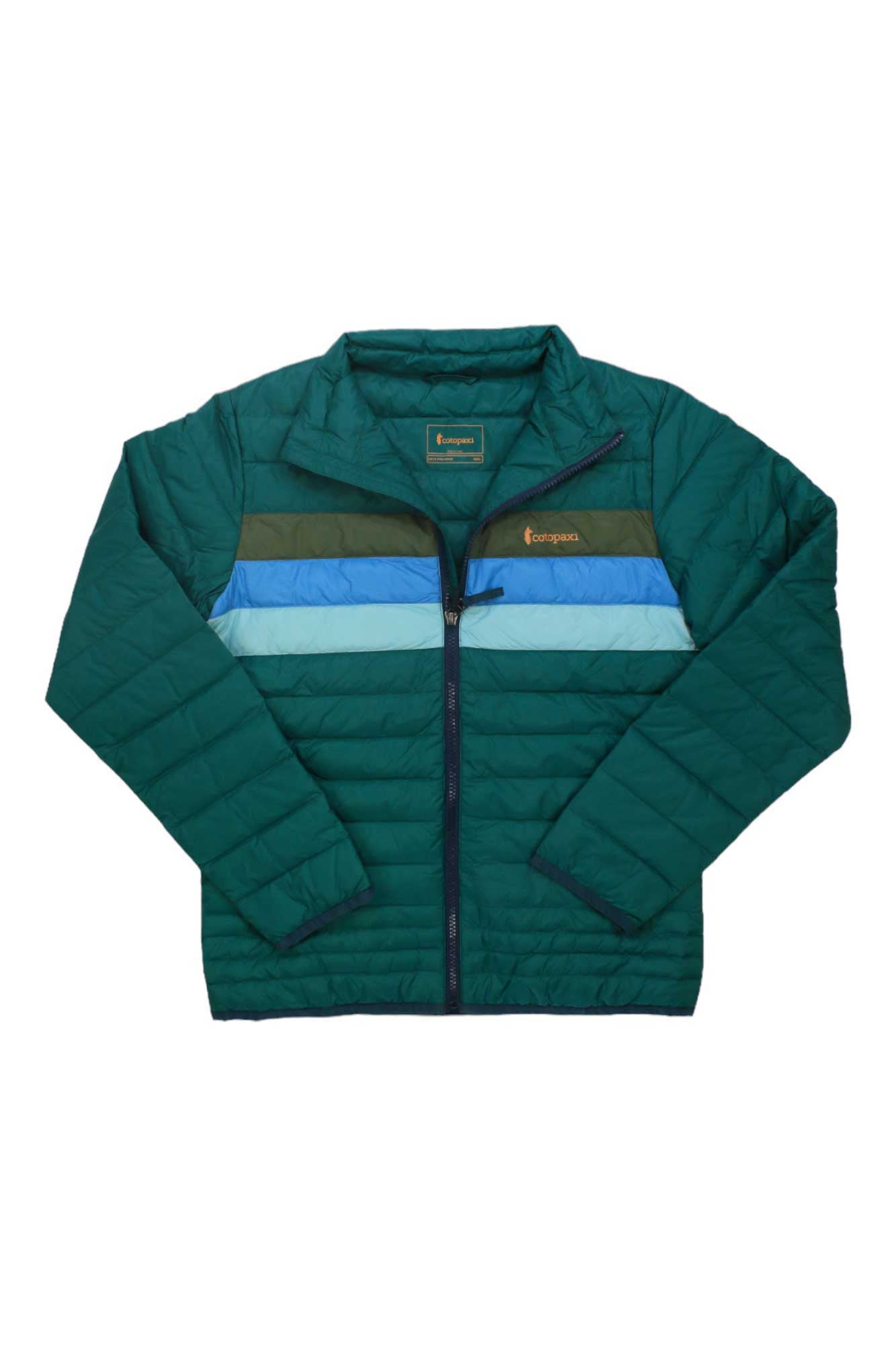 The Cotopaxi Kids' Fuego Down Jacket, shown laid flat on a white background, features a green color-block design with blue, white, and olive chest stripes, lightweight down insulation, front zipper closure, and long sleeves.