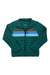 The Cotopaxi Kids' Fuego Down Jacket, shown laid flat on a white background, features a green color-block design with blue, white, and olive chest stripes, lightweight down insulation, front zipper closure, and long sleeves.