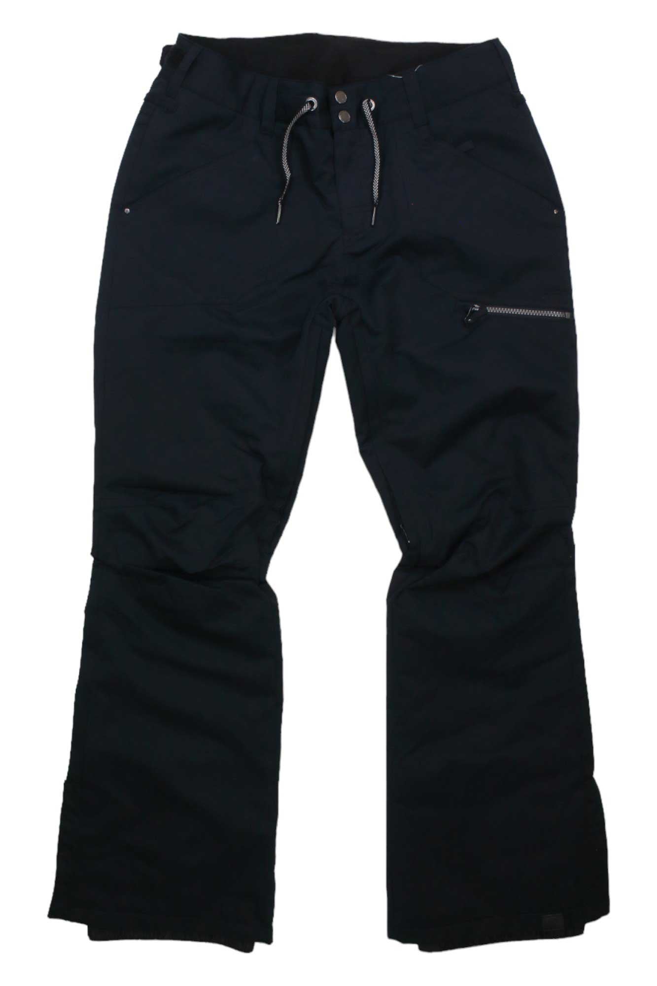 The Womens Roxy Nadia Pant is a pair of black ski pants with a drawstring waist, snap buttons, front pockets, and a zippered right thigh pocket—waterproof and insulated for winter adventures. Laid flat on a white background.