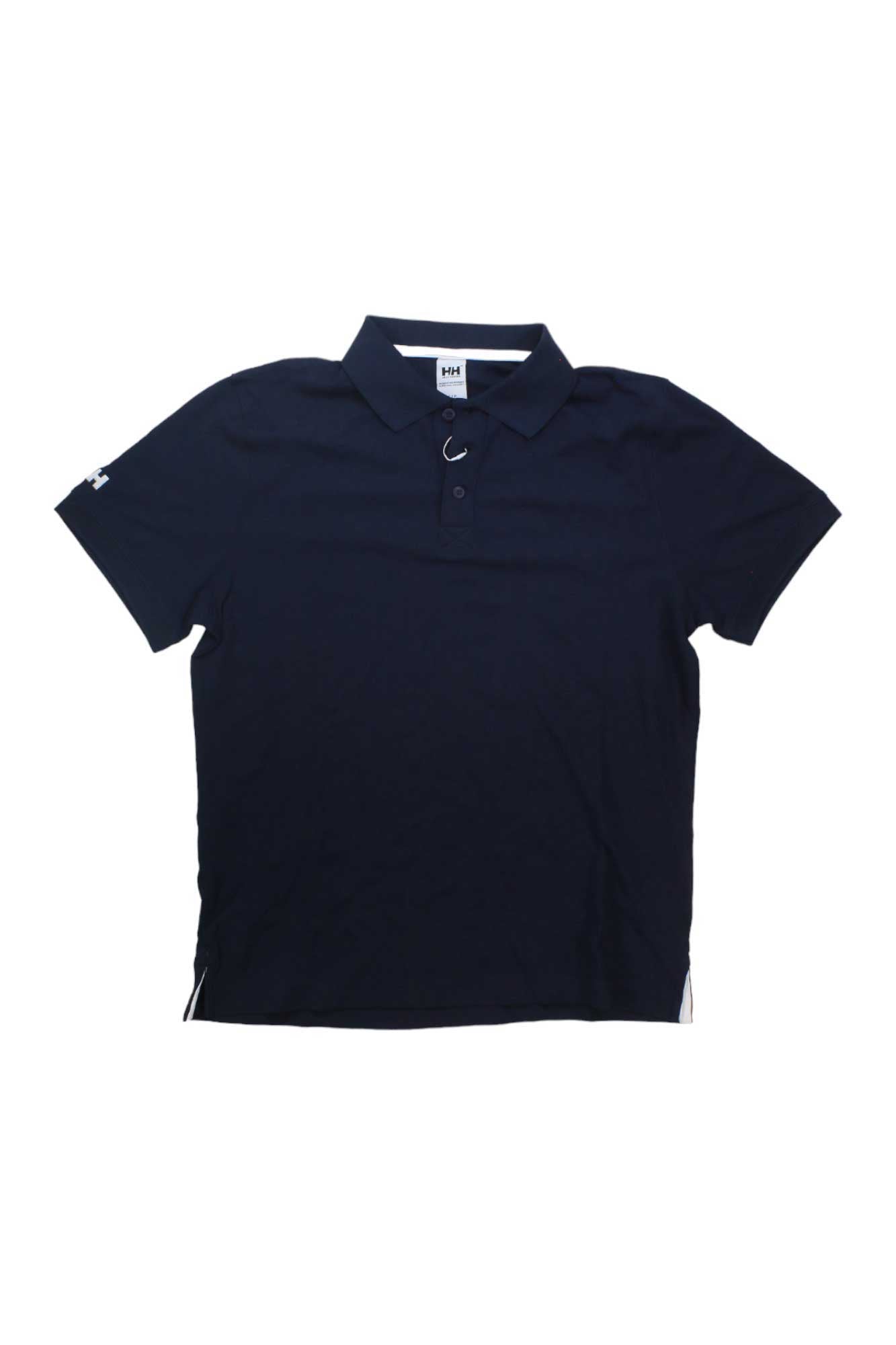 The Helly Hansen Mens Riftline Polo is a plain black, short-sleeved shirt with a collar and two buttons, shown flat on a white background. This sun protective polo keeps you comfortable outdoors.