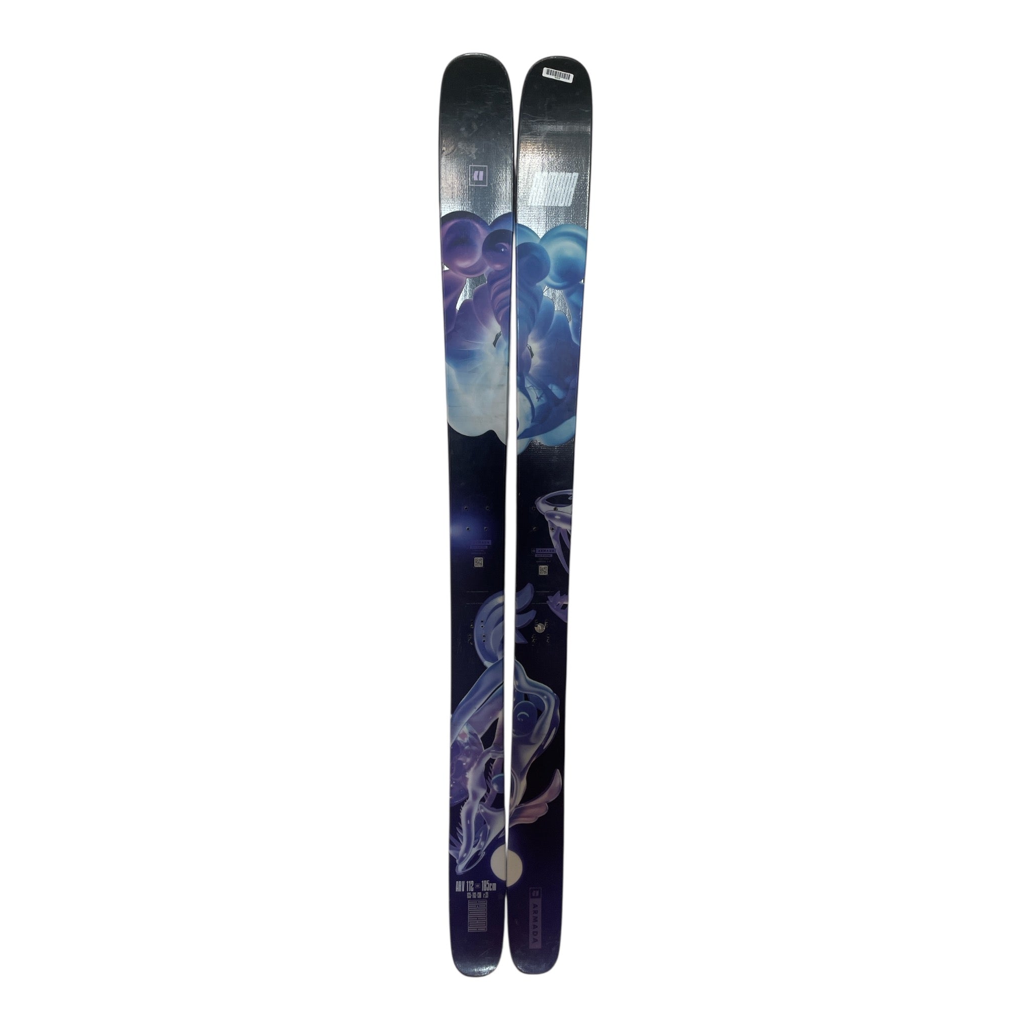 A pair of Armada Arv 112 - 2025 all-mountain skis in black and purple with a cosmic space-themed design featuring abstract patterns and celestial imagery, shown side by side against a white background.