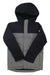 The Burton Boys Covert 2.0 Jacket is a hooded, insulated kids jacket with black top and sleeves, gray lower section and front, front zipper, two chest pockets, and a small mountain logo on the left sleeve.