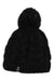 Black cable-knit winter beanie with oversized pom-pom and small logo patch
