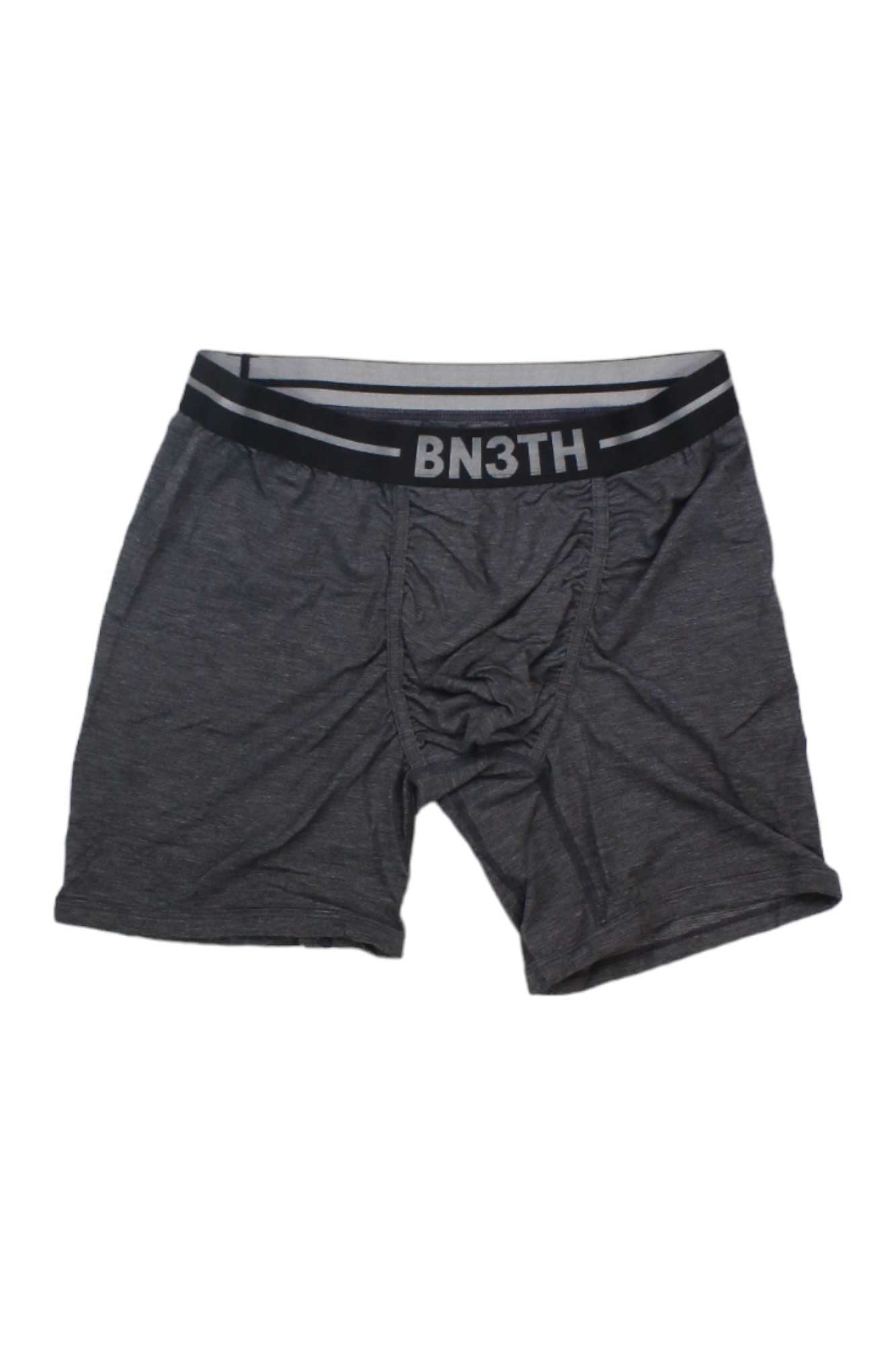 The BN3TH Mens Infinite XT2 Solid Boxer Brief in dark gray features a black waistband with white BN3TH text, crafted from soft, stretchy, moisture-wicking fabric and MyPakage Technology. It is displayed flat on a white background.