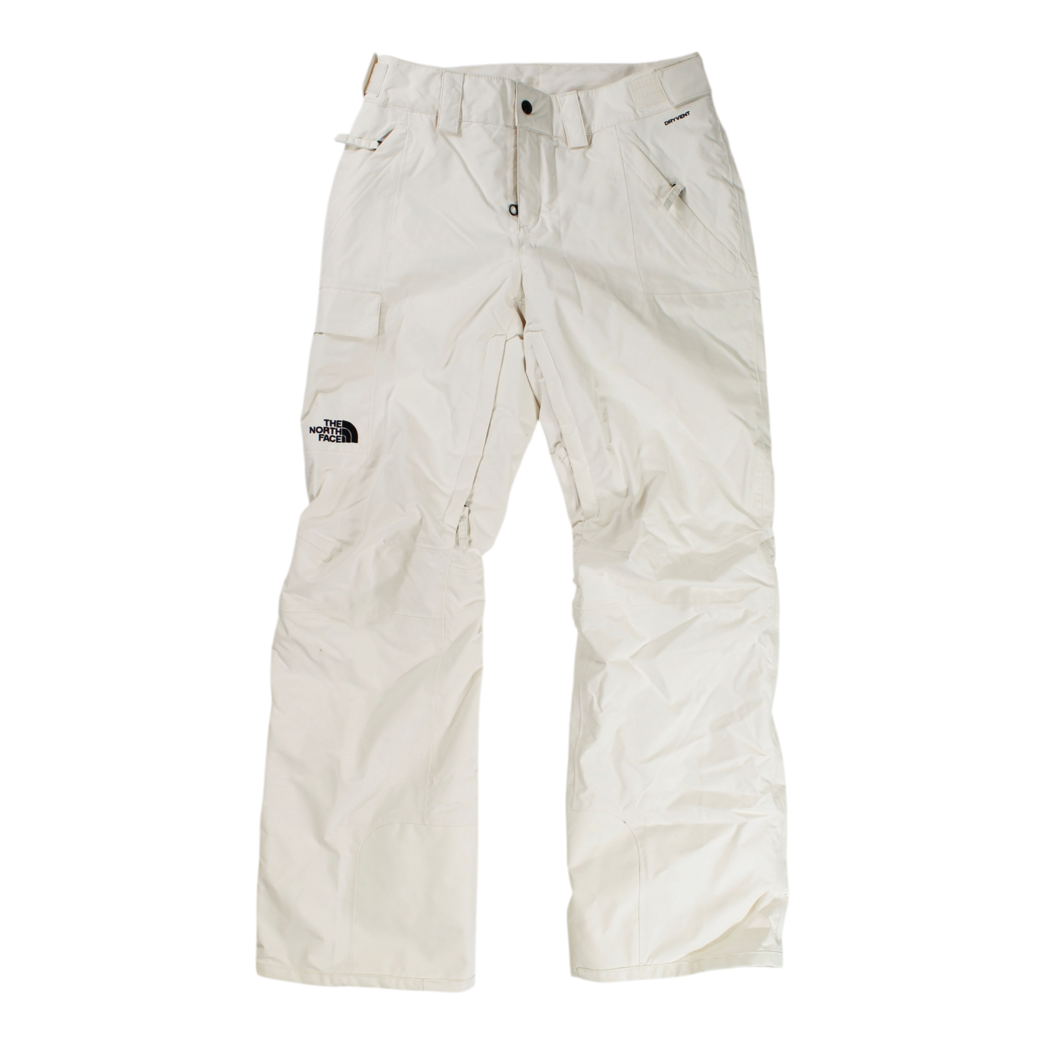 Women's insulated white snow pants, straight legs, belt loops and side pockets