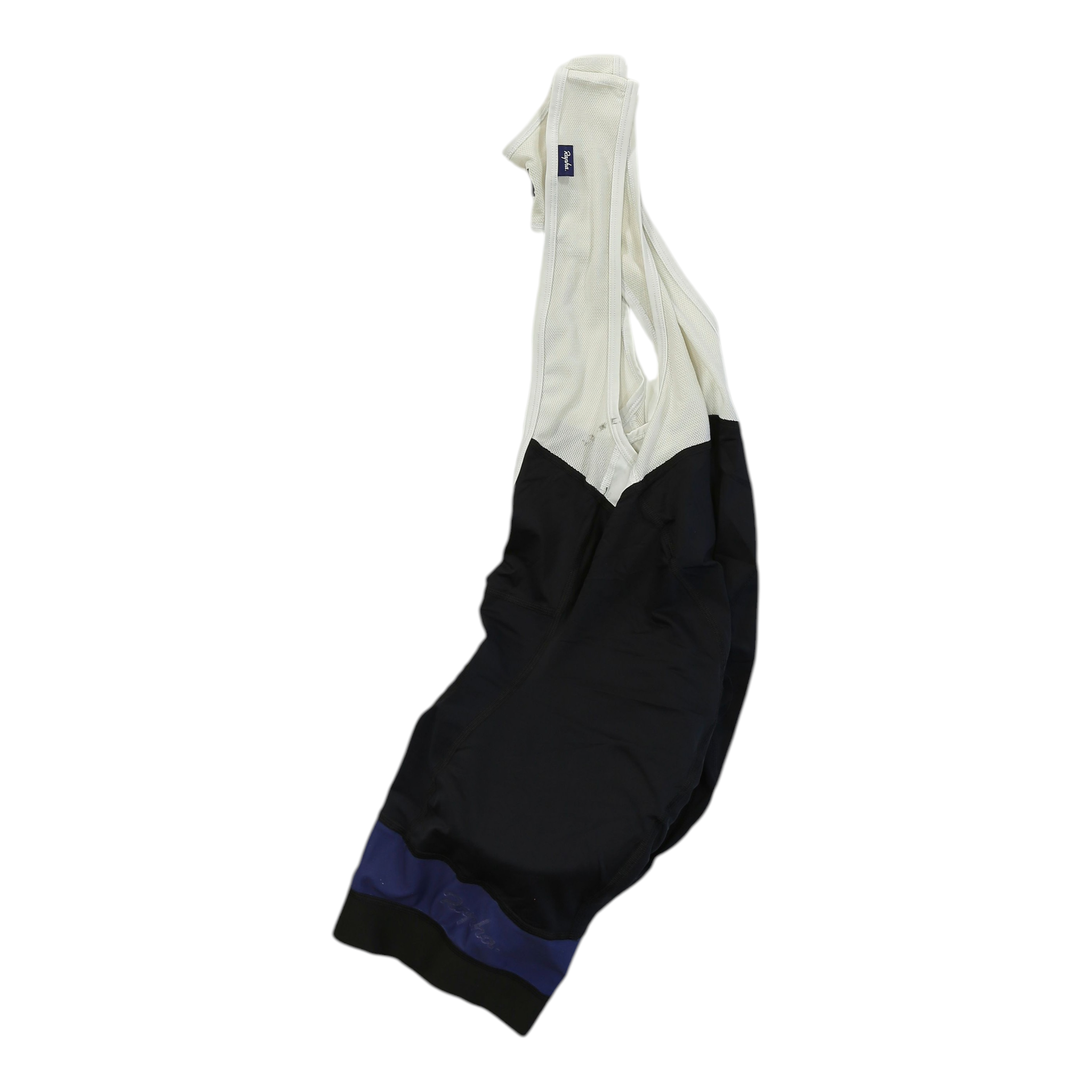 Lightweight bib shorts, black with white bib and small blue logo patch
