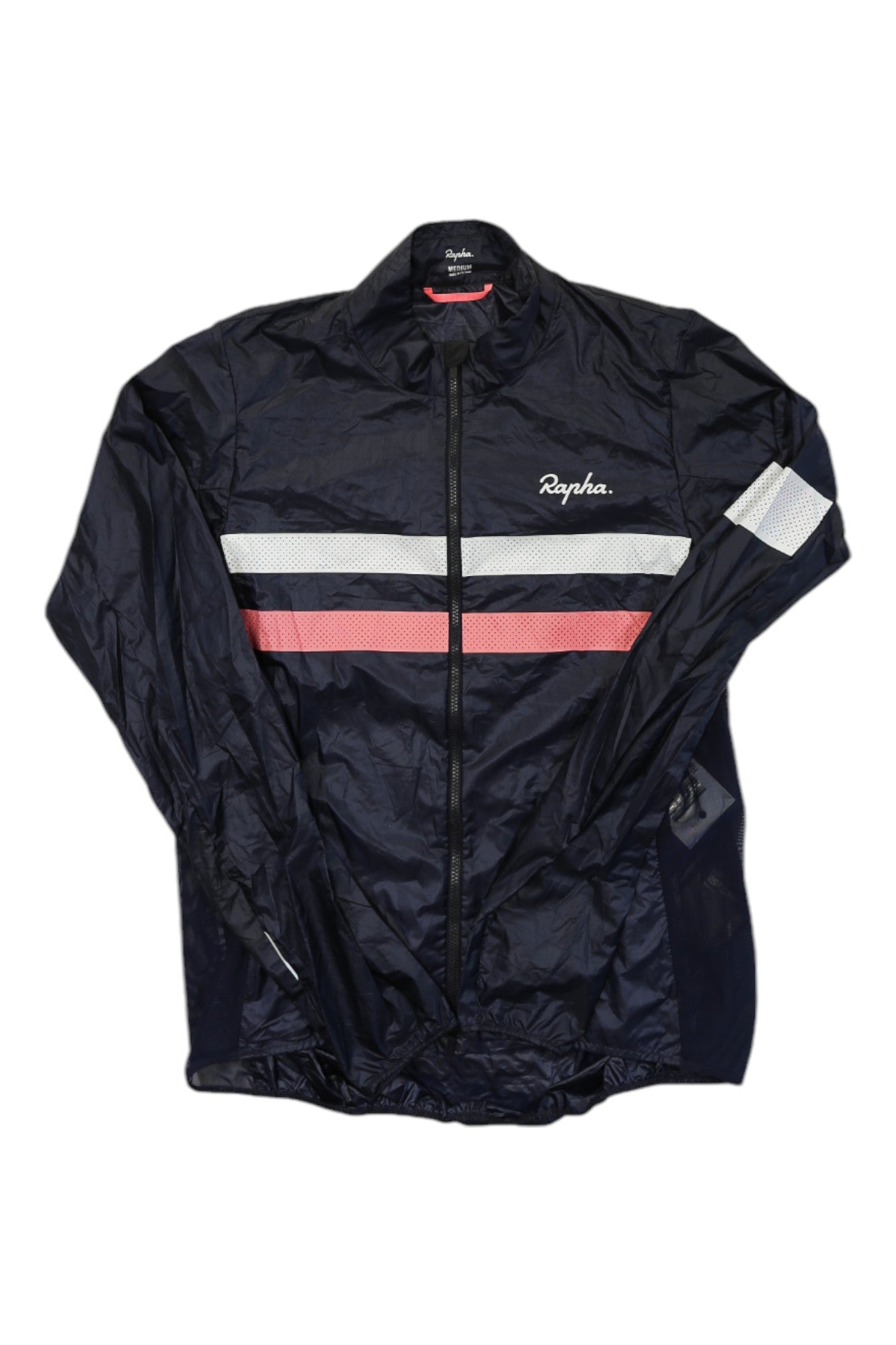 Women's dark wind jacket with gray reflective band, pink stripe, and full zipper