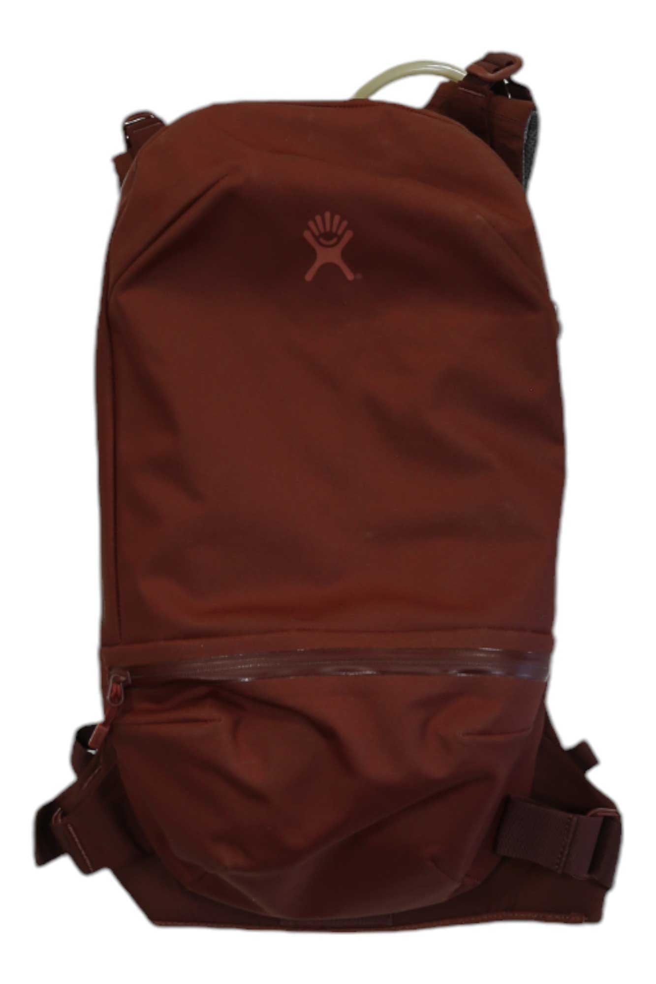 The Hydro Flask Hydration 10L Pack, in rust color, features waterproof fabric, a top handle, front zipper pocket, and shoulder straps, shown against a white background.