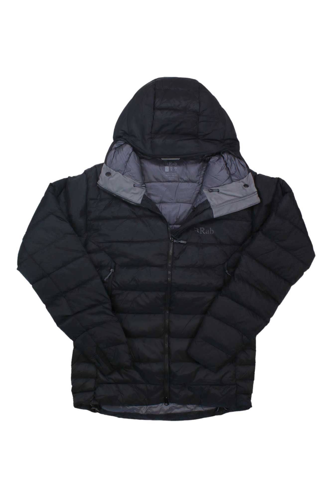 Men’s puffer jacket with hood, dark outer, light hood lining, full front zip
