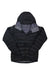 Men’s puffer jacket with hood, dark outer, light hood lining, full front zip
