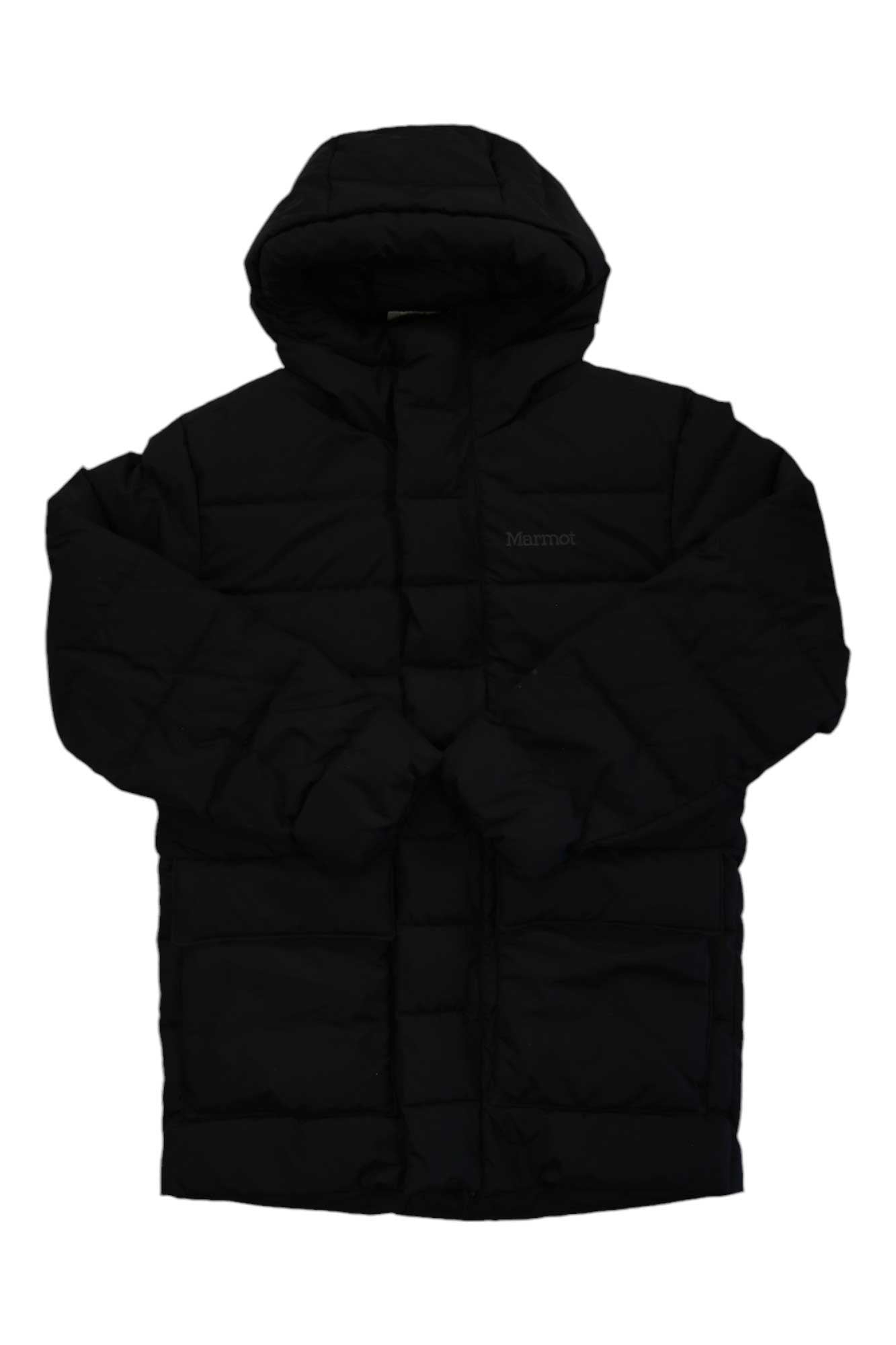 The Marmot Mens WarmCube GORE-TEX Golden Mantle Jacket is a black, hooded puffer with long sleeves and two large front pockets, featuring 700 fill down insulation and moisture protection for reliable cold weather comfort.