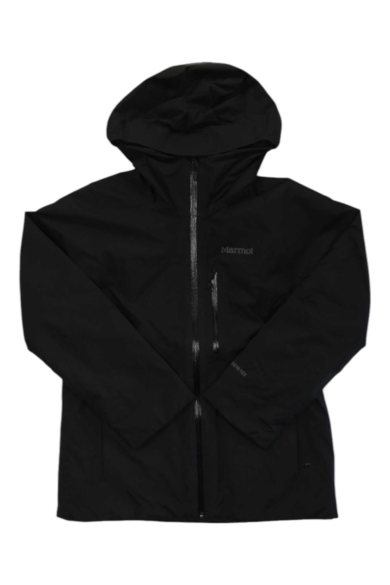 The Marmot Womens Lightray GTX Jacket is a black waterproof jacket with a hood, front zipper, long sleeves, and Marmot logo on the chest, shown laid flat on a white background.