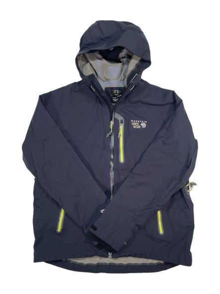 Stretch Ozonic jacket in dark navy with hood, full-zip front, neon green accents