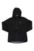 The Outdoor Research Women's Motive Ascentshell Jacket is a black hiking jacket featuring a front zipper, two side pockets, the OR logo on the left chest, and a breathable shell. It's shown laid flat with sleeves extended outward.