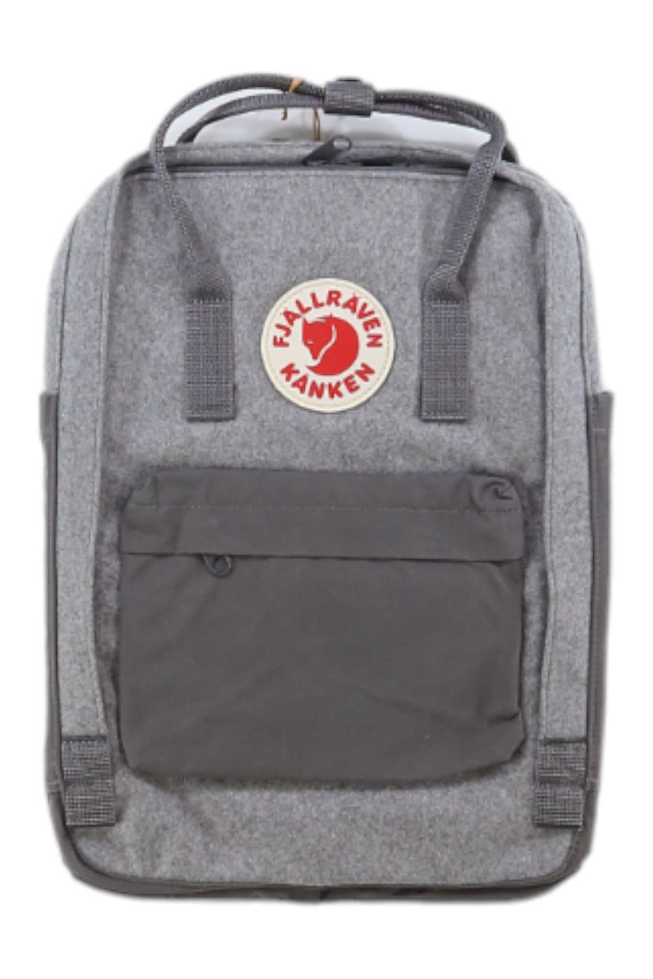 The Fjallraven Kanken Re-Wool Laptop 15 Inch Pack is a gray backpack with black straps and front pocket, featuring the red and white fox logo. Made from recycled wool, it fits a 15-inch laptop for eco-friendly style.