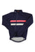 Navy rain jacket with front zipper, stand collar, and red/white chest stripe