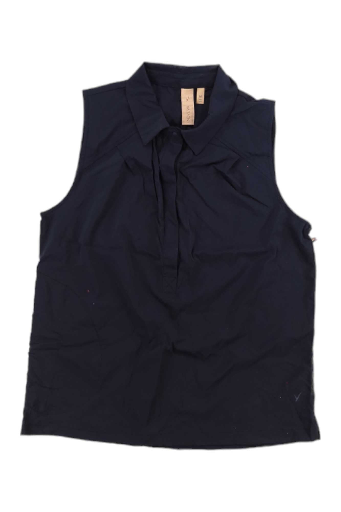Women’s sleeveless collared top with button-front placket, dark navy