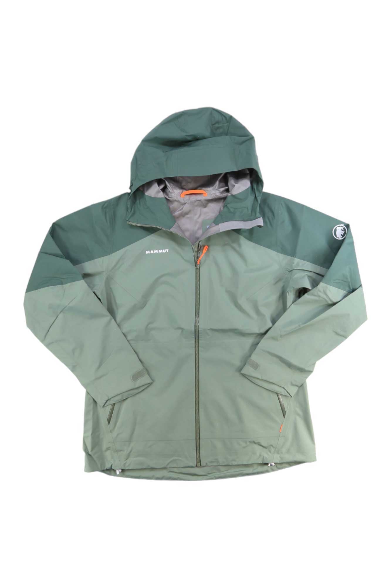 The Mammut Womens Convey Tour HS Hooded Jacket features green color-blocked panels, a front zipper, two zippered pockets, and Mammut logos. This lightweight GORE-TEX jacket is waterproof and ideal for rainy days.