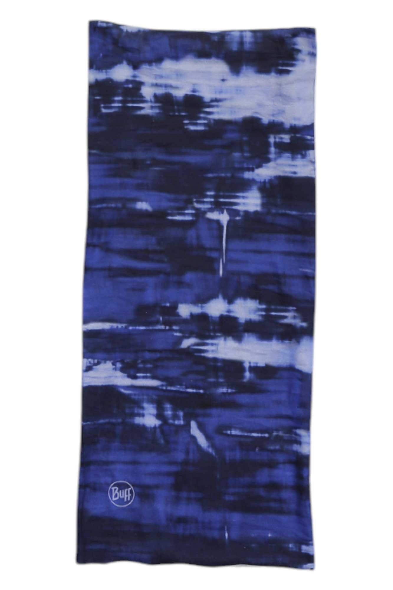 The Buff Original Multifunctional Headwear is a rectangular blue and white tie-dye neck gaiter made with moisture-wicking fabric, featuring a small Buff logo in the lower corner.