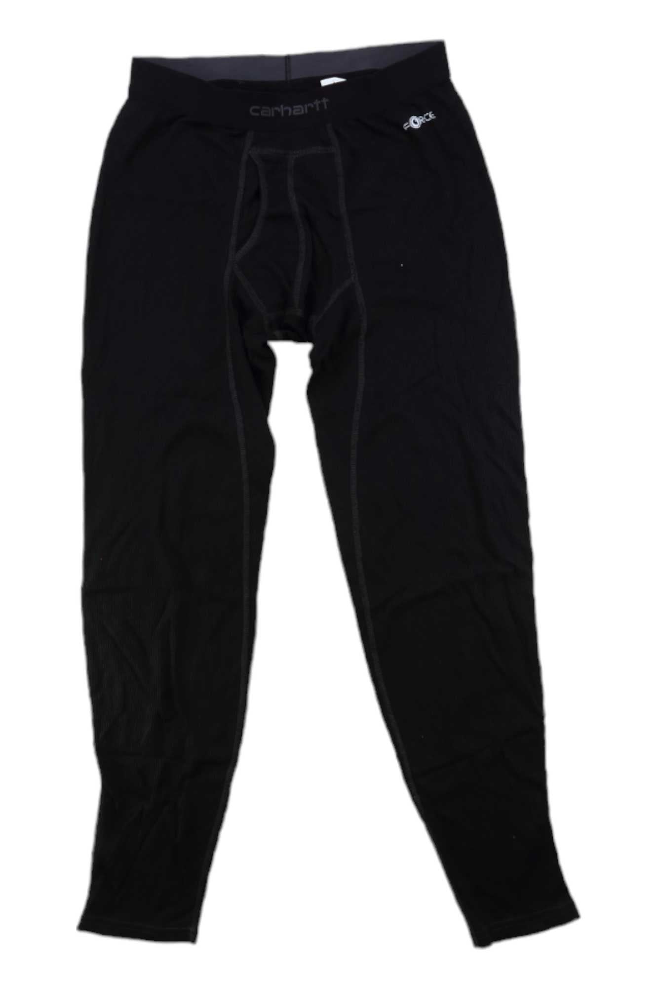 A pair of Carhartt Mens Base Force Midweight Classic Bottom thermal leggings in black with visible stitching, designed for moisture-wicking performance, laid flat on a white background.