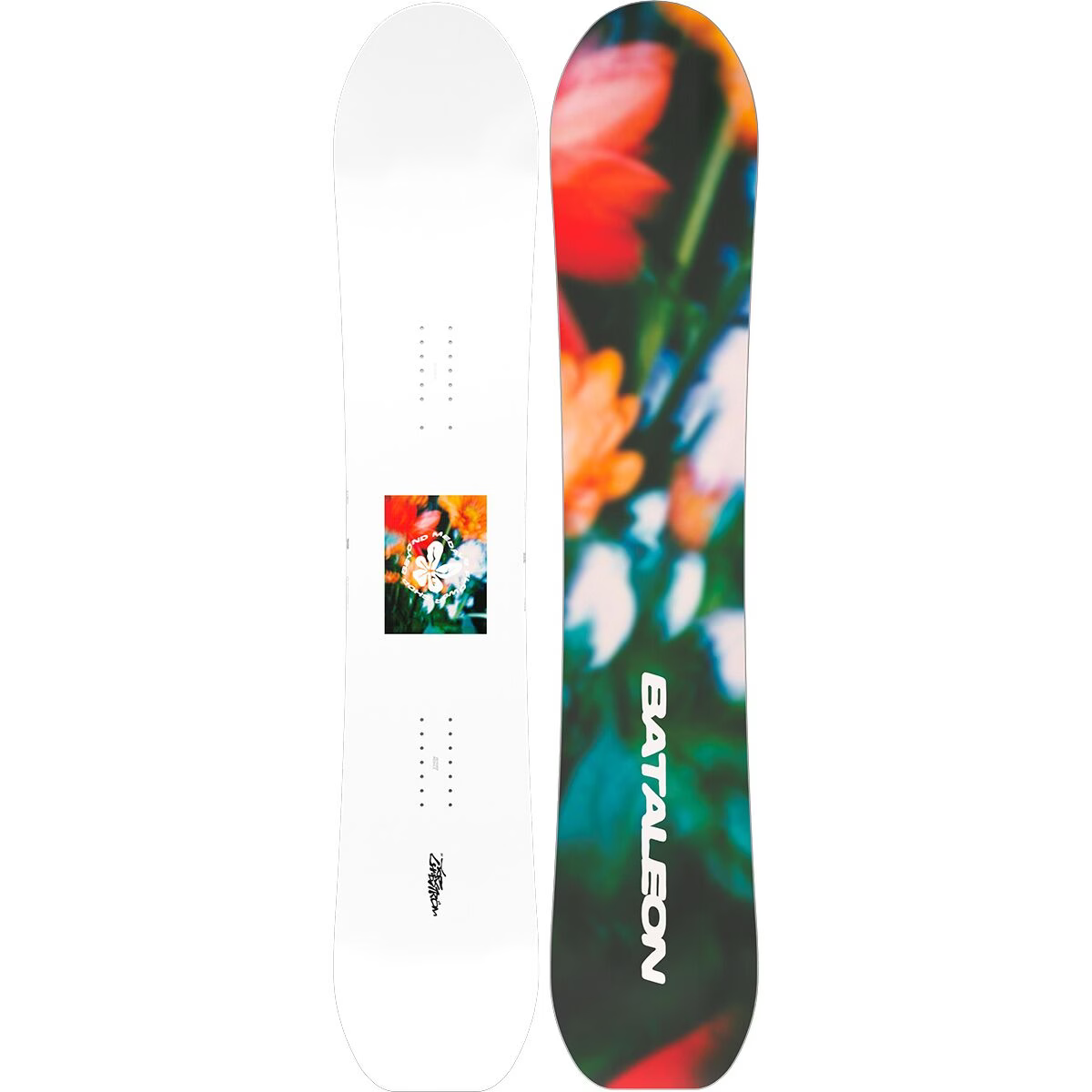 White snowboard with multicolor graphic top and Bataleon logo