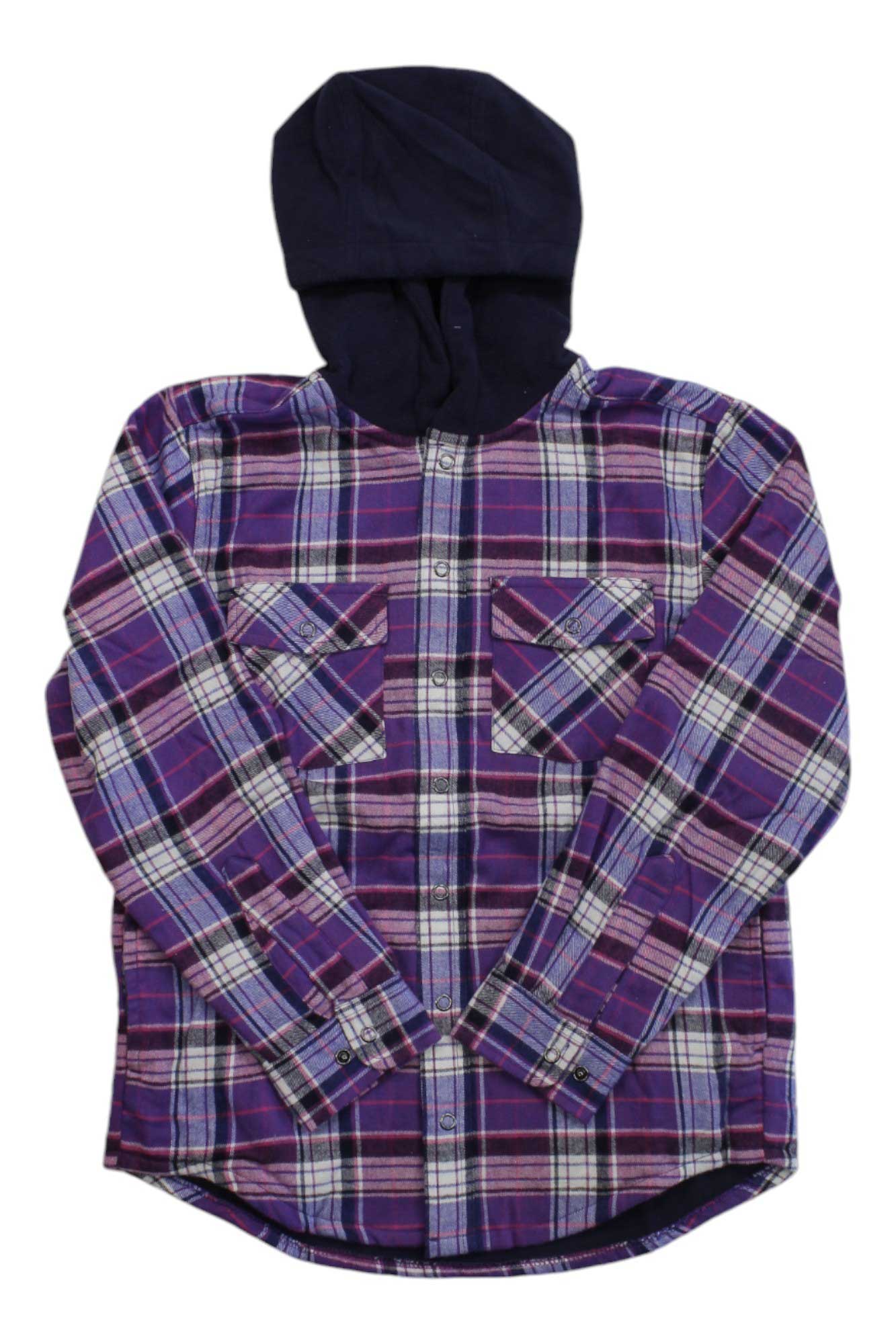 The L.L.Bean Kids Fleece Lined Flannel Plaid Hooded Shirt in purple, navy, and white features two chest pockets, buttoned cuffs, and a solid black attached hood for added style.