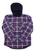 The L.L.Bean Kids Fleece Lined Flannel Plaid Hooded Shirt in purple, navy, and white features two chest pockets, buttoned cuffs, and a solid black attached hood for added style.