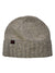 The Sherpa Vishnu Hat is a handcrafted gray unisex Merino wool beanie with subtle multicolor speckles, a folded brim, and a small black patch with a red design on the cuff.