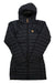 The Fjallraven Women's Snow Flake Parka is a long, black puffer jacket with horizontal quilting, front zipper, adjustable hood, and a small brown logo patch on the left chest.