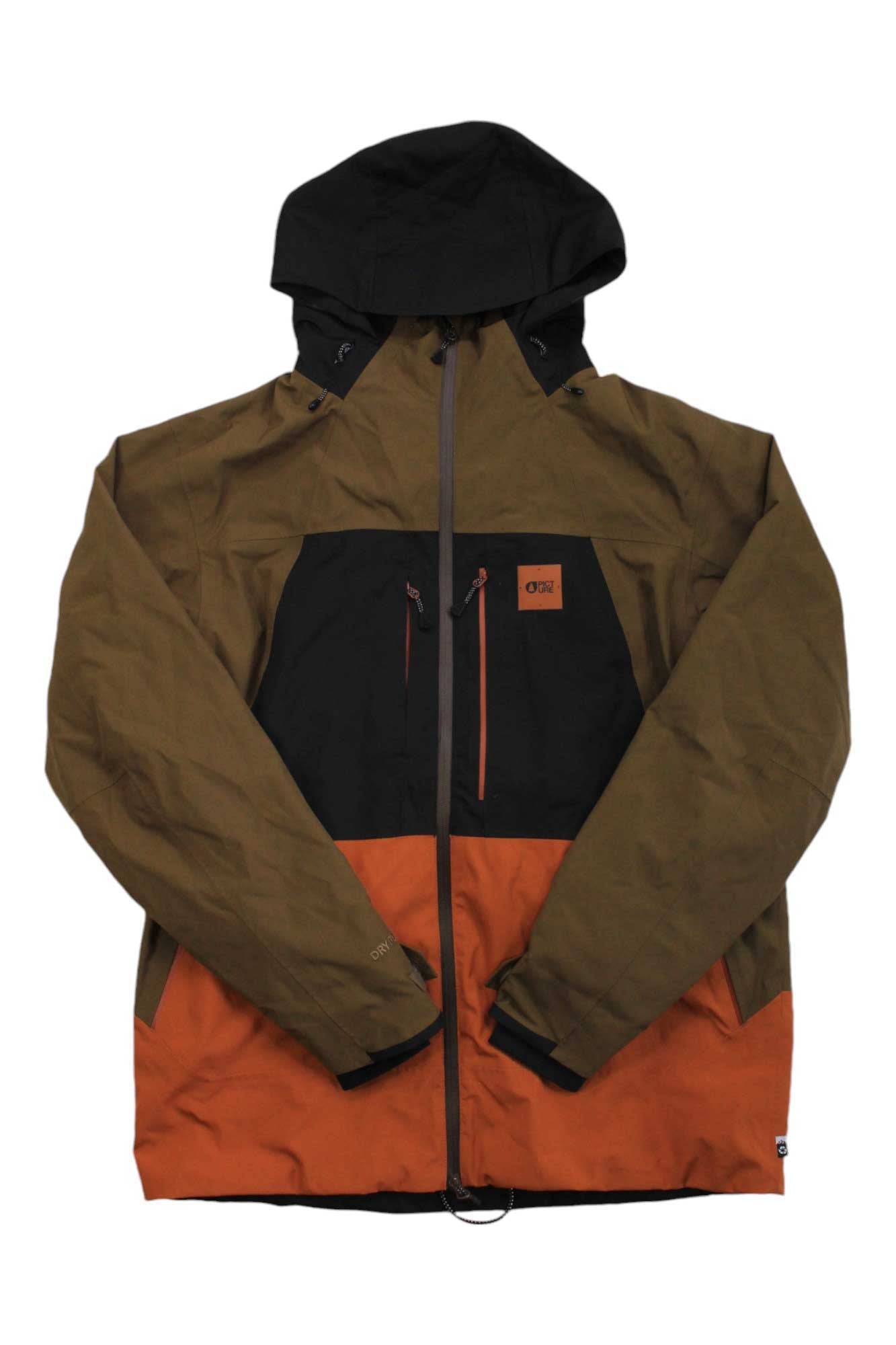 The Picture Mens Track Jacket is a color-blocked, waterproof, insulated jacket with a black hood, olive green upper and sleeves, black chest with zippered pockets, orange lower section, front zipper, and long sleeves.