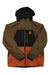 The Picture Mens Track Jacket is a color-blocked, waterproof, insulated jacket with a black hood, olive green upper and sleeves, black chest with zippered pockets, orange lower section, front zipper, and long sleeves.