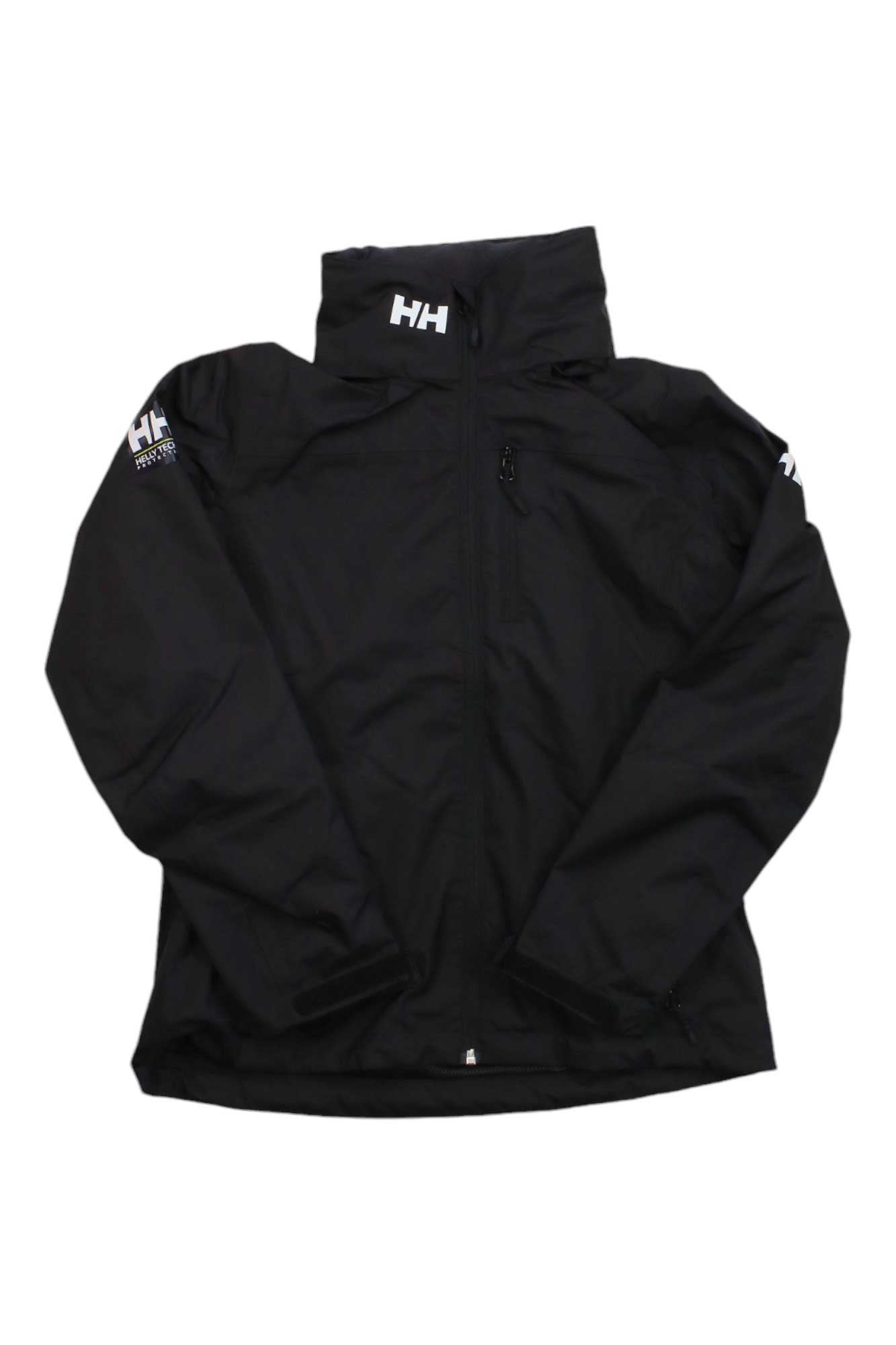 A black Helly Hansen Womens Crew Hooded Midlayer Jacket with a front zipper, hood, high collar, and HH logo on the chest and left sleeve, crafted from Polartec fleece, displayed on a white background.
