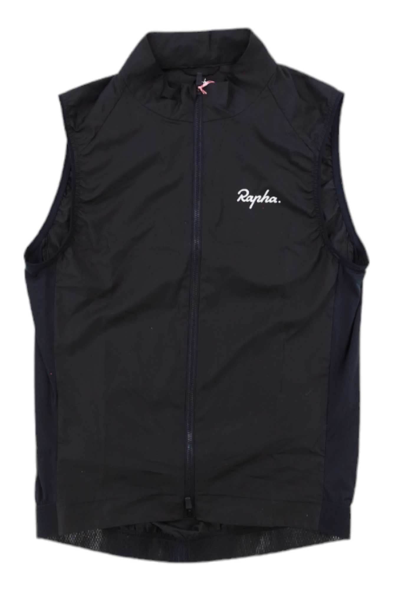 A black Rapha Mens Core Gilet, sleeveless with a front zipper and small white Rapha logo on the left chest, is laid flat on a white background. This lightweight cycling vest offers added visibility and comfort.